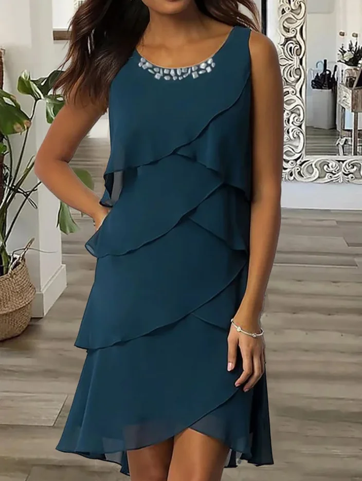 Uveng Uveng Women's New Mid-Long Dress Collar Collar Fashion Casual Personality Solid Color Hot Diamond Sleeveless Dress