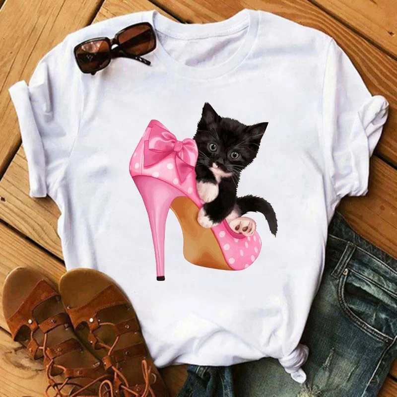 Cute Cat In Red High-heeled Printed Women T Shirts Casual Short Sleeve O-neck T-shirt Christmas Tshirts Tees Female Tops