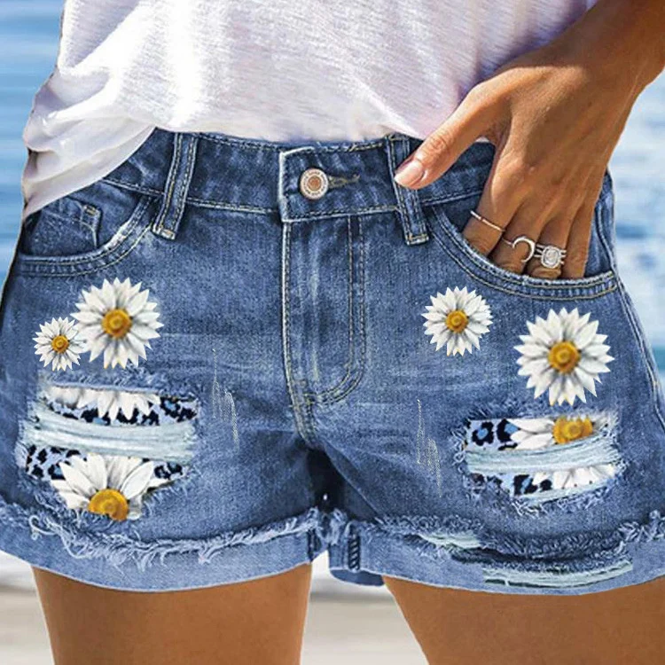 Women's 2024 Summer Sunflower Printed Denim Shorts