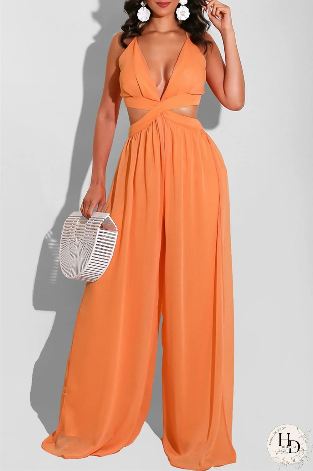 Orange Sexy Casual Solid Backless V Neck Regular Jumpsuits