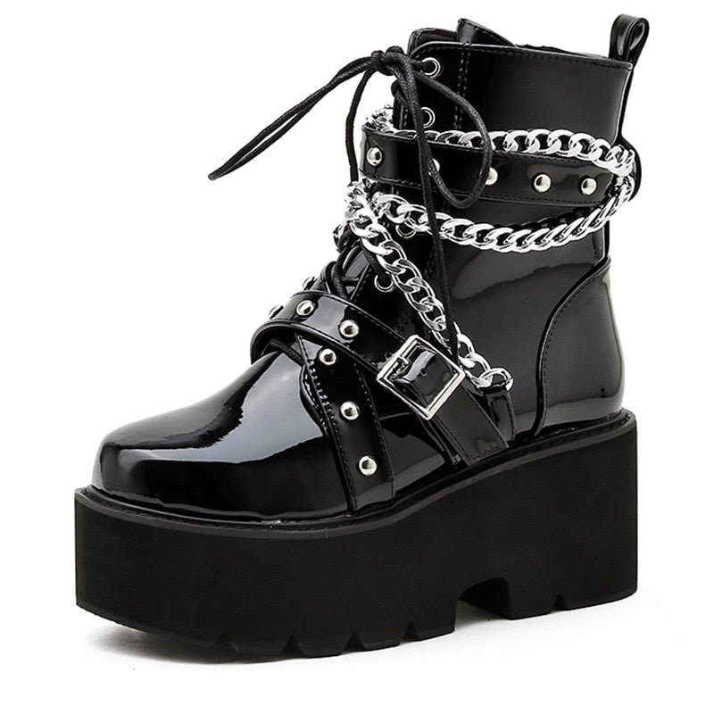 Gdgydh Autumn Winter Boots Women Sexy Chain Boots Ankle Buckle Strap Ankle Boots Square Heel Thick Sole Platform Rock Punk Style