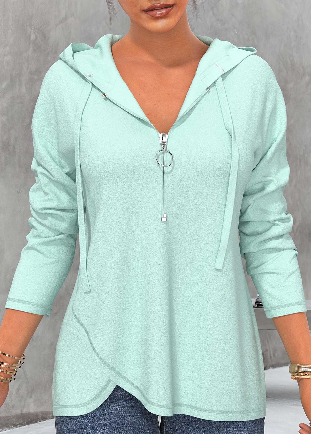 Drawstring Mint Green Quarter Zip Hoodie