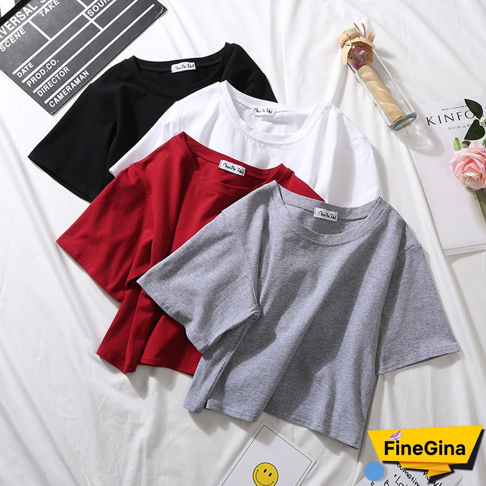 Summer Short Sleeve T Shirts Women Cotton Solid T-shirt O Neck High Waist Crop Top Tee Female Casual Loose T Shirt