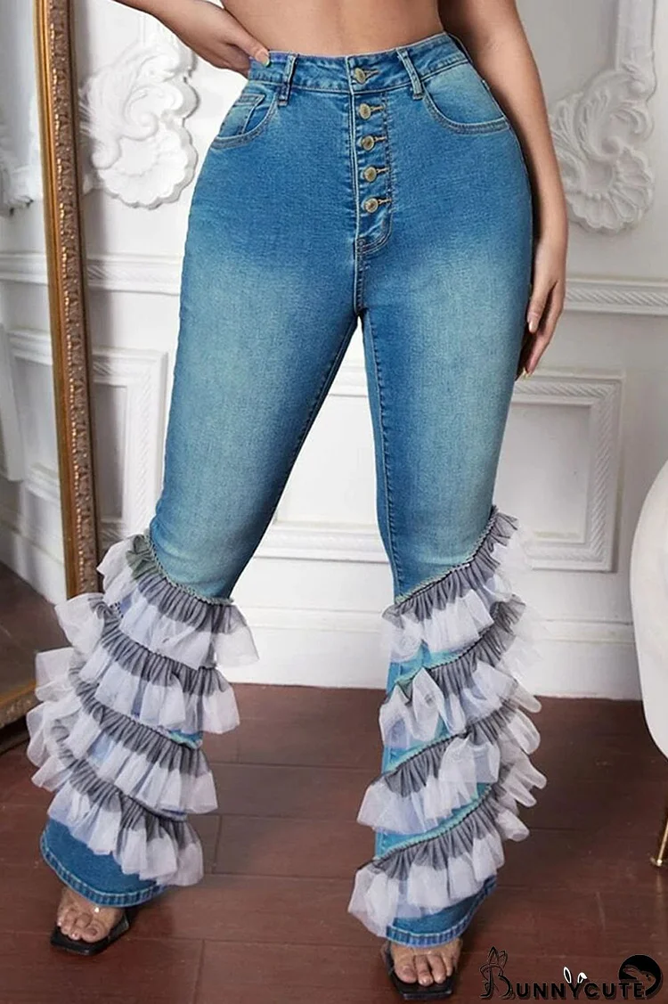 The cowboy blue Casual Street Solid Patchwork High Waist Denim Jeans