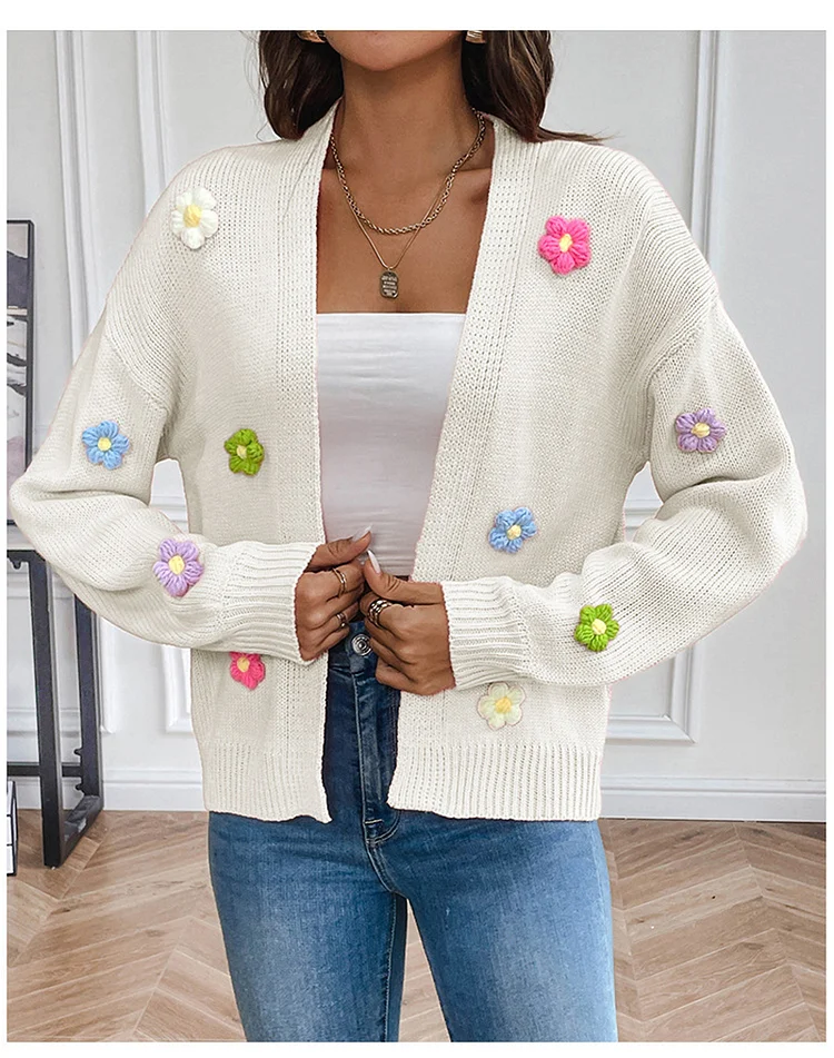 PASUXI Women's  Flower Pattern V-Neck Cable Knit Long Sleeve  Sweater Cardigan