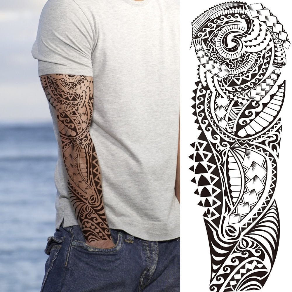 Black Maori Temporary Sleeve Tattoos For Men Women Realistic Fake Dragon Warrior Tatoos Paste Full Arm Large Covers Tatoos Prom 513