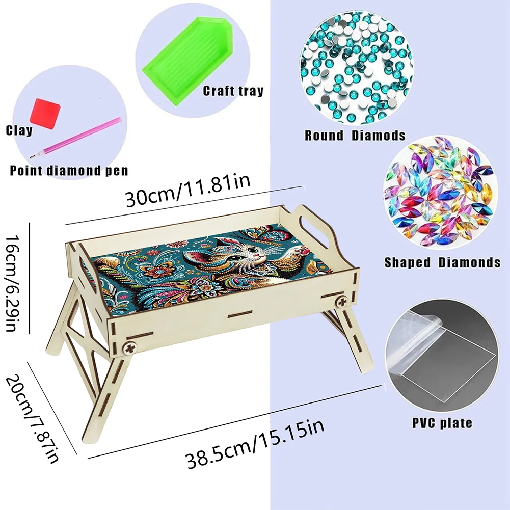 DIY Diamond Painted Dining Plate with Handle Wooden Food Tray Home Decor Gift