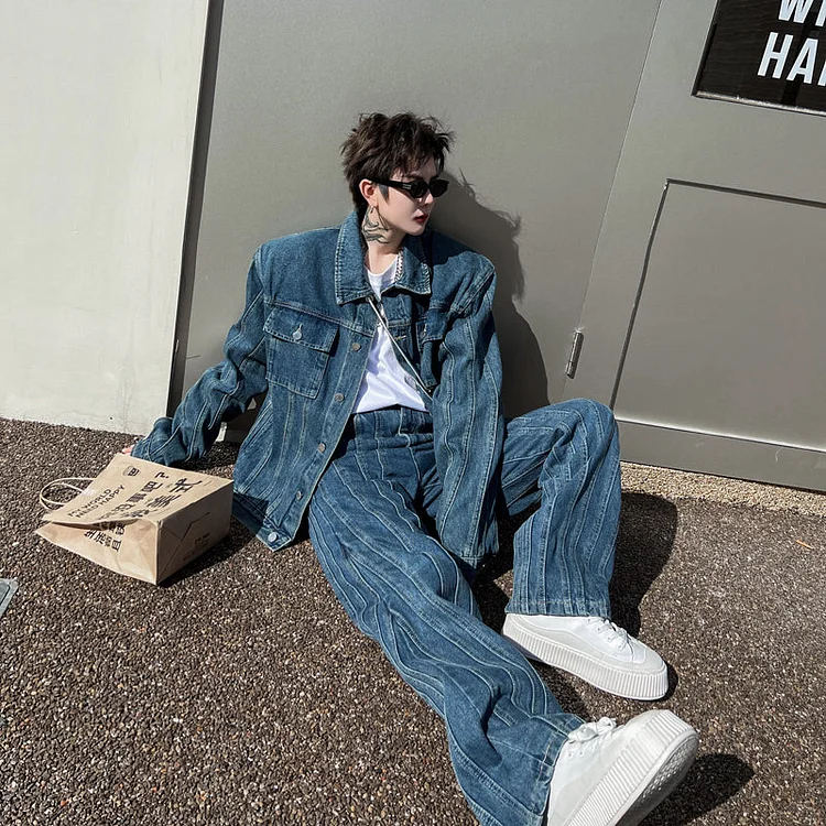 Dawfashion Techwear Streetwear-Spring Solid Color Pleated Design Denim Jacket Cow Loose Suits-Streetfashion-Darkwear-Techwear