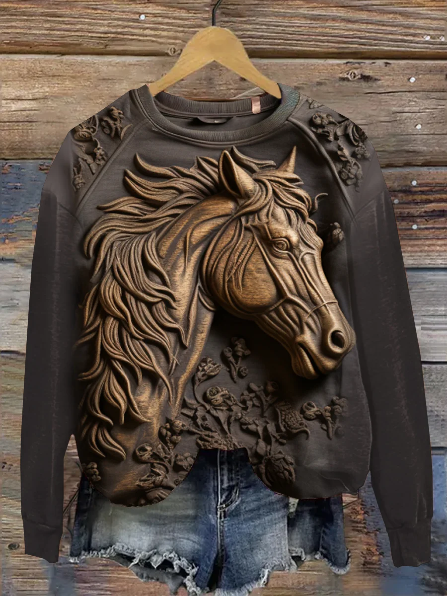 Horse Art Round Neck Print Sweatshirt