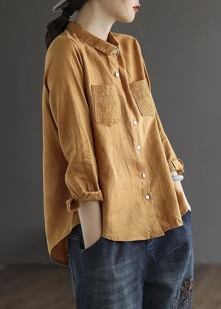 Loose Brown Yellowe Peter Pan Collar Embroideried Button Linen Shirt Long Sleeve