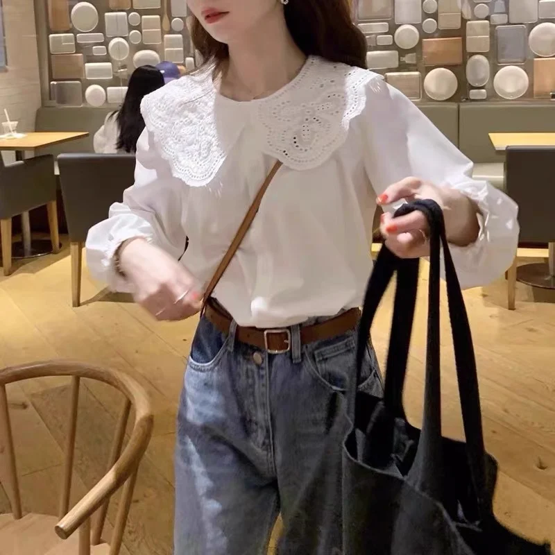 Uveng Uveng Retro Long-Sleeved Loose Doll-Collared White Shirt Women's New Spring High-End Feel Chic Top