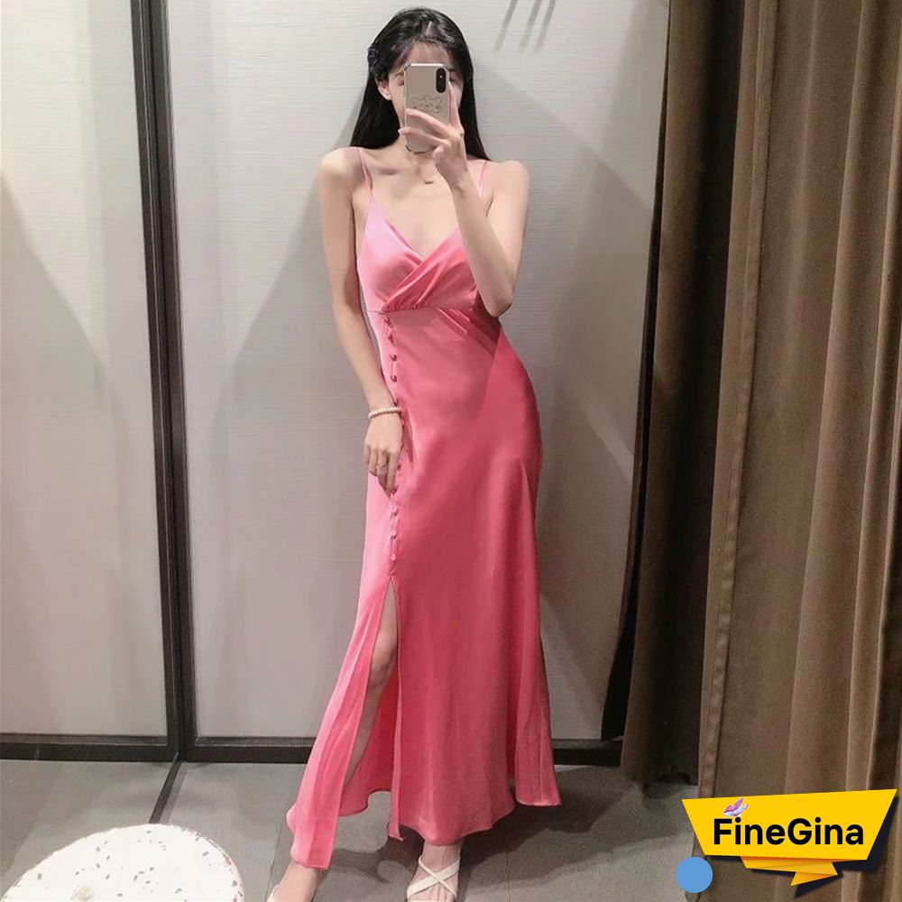 Summer Dress Woman Pink Satin Long Dress Women Black Backless Slip Sexy Party Dresses Red Midi Elegant Dresses