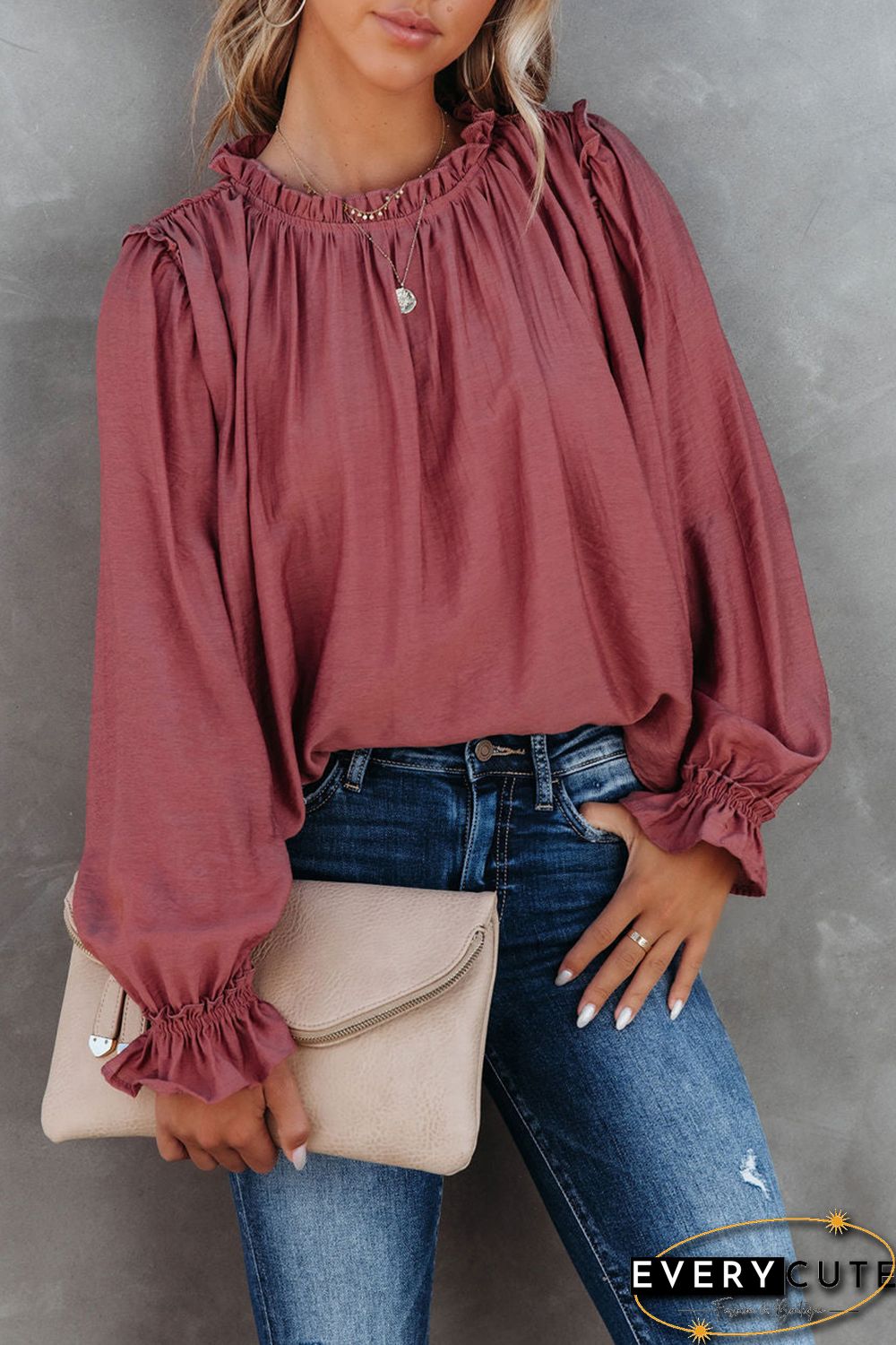 Red Frilled Neck Ruffled Long Sleeve Blouse
