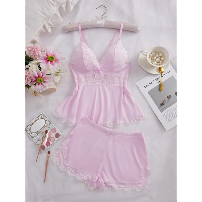 Women's Solid/leopard Print Strap Cami Top & Lace Trim Shorts Pyjama Two-piece Set, Casual Comfy Camisole & Shorts Pj Set, Ladies Sleepwear for All Seasons, Loungewear, Pajamas, Womenswear