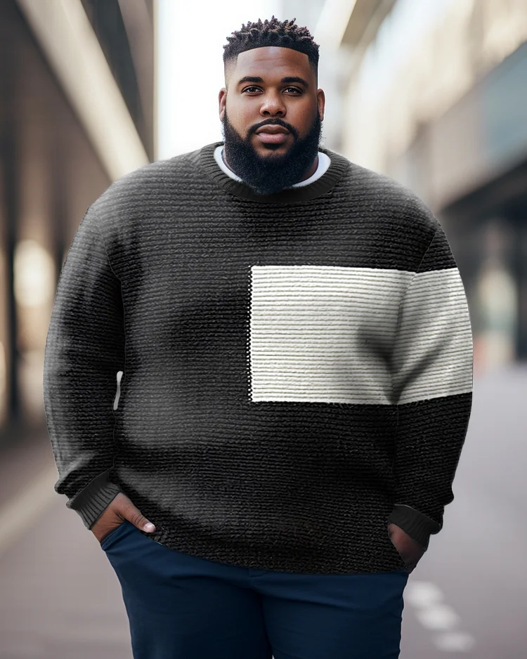 Men's Plus Size Casual Color Block Long Sleeve Warm Crew Neck Sweater