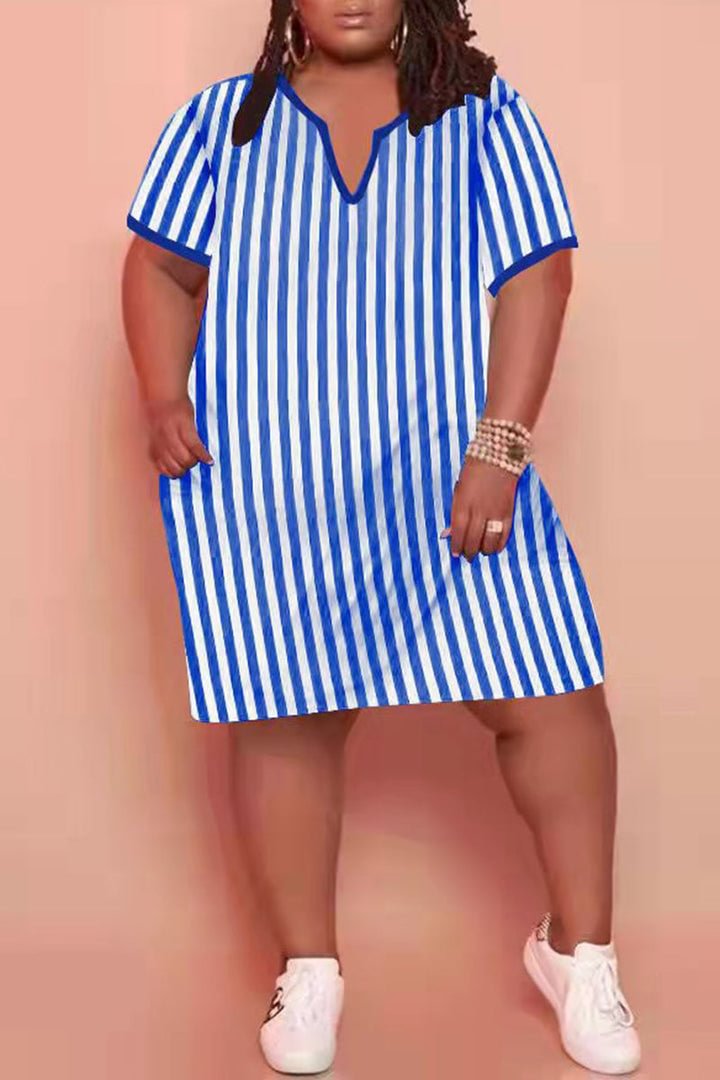 V-Neck Striped Plus Size Pocket Mini Dress