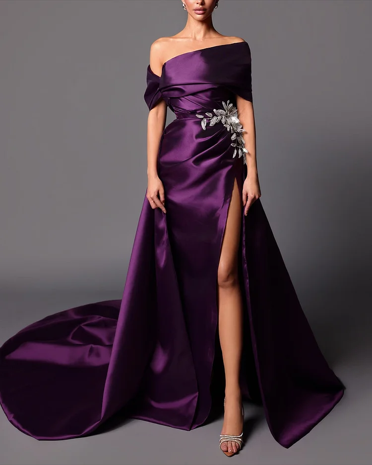 Women's Off-Shoulder Slit Solid Color Dress ​