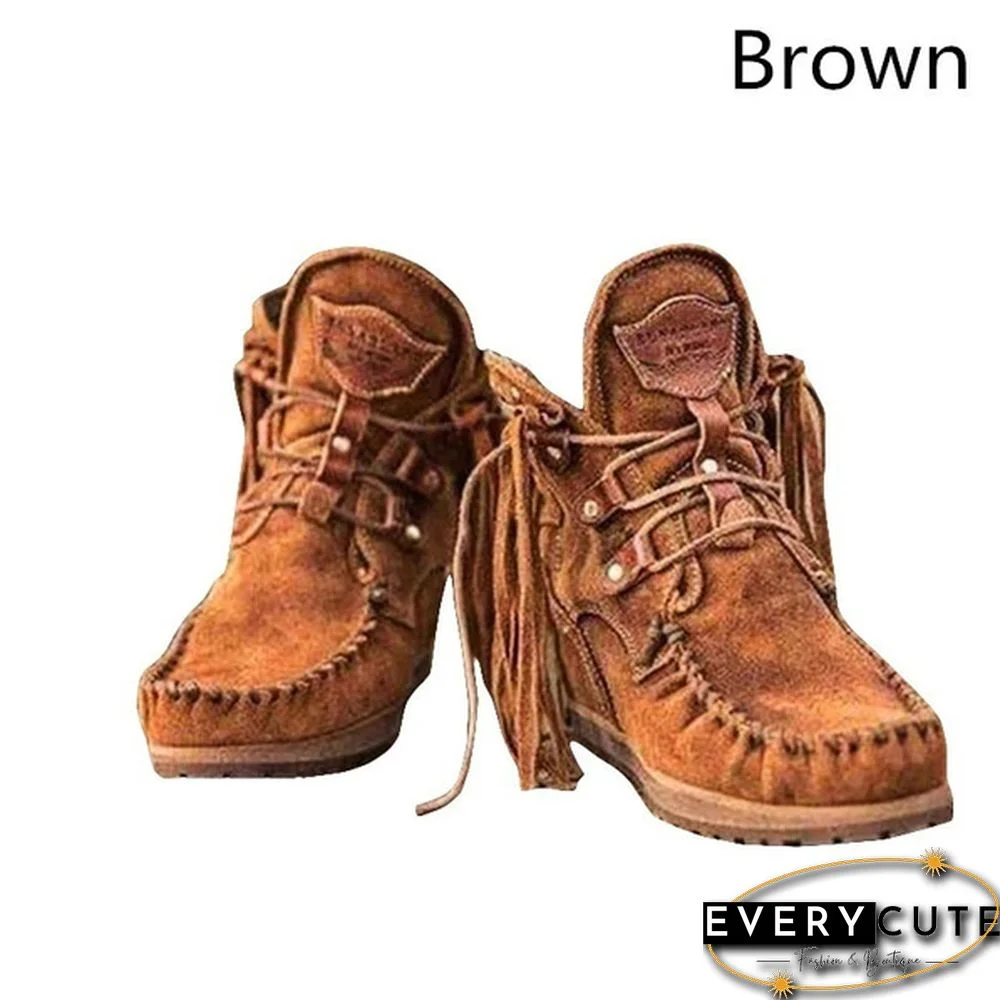 HOT Trend Fashion Faux Leather Tassel Boots for Women Short Platform Boots High Top Martin Boots Vintage Chunky Low Heel Short Boot Ankle Booties Flat Boots Autumn Winter Shoes for Female Plus Size