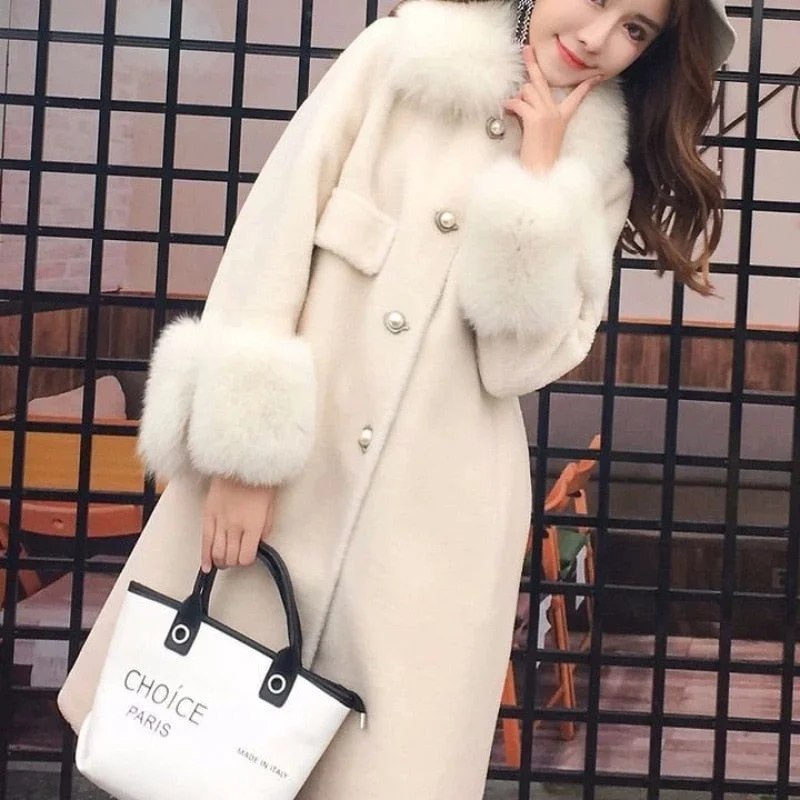 Suofun Long Sheep Shear Loose Women Office Style Lady Warm Single Breasted Lamb Fur Wool Cloth With Soft Nap Fur Winter Coat