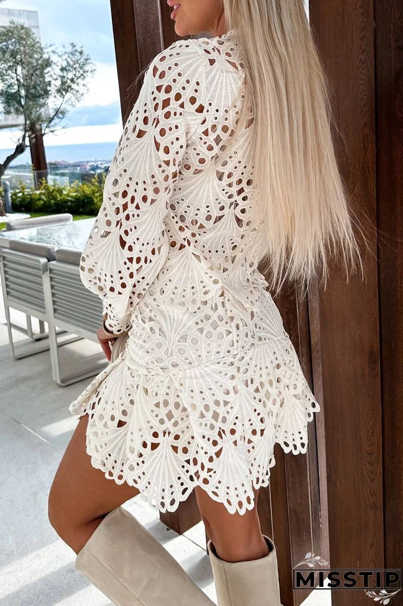Celebrities Elegant Solid Lace Embroidered Hollowed Out O Neck Long Sleeve Two Pieces
