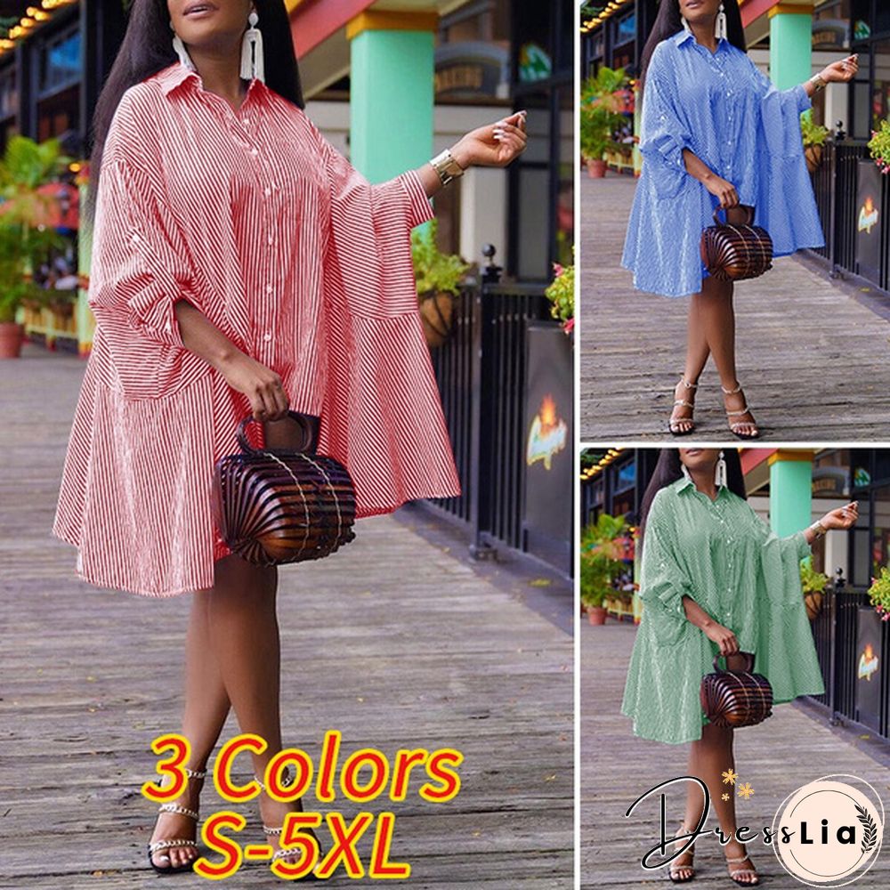 Women Fashion Pleated Ruffled Hem Baggy Irregular Hem Vestido S-5XL Batwing Sleeve Lapel Collar Striped Dresses