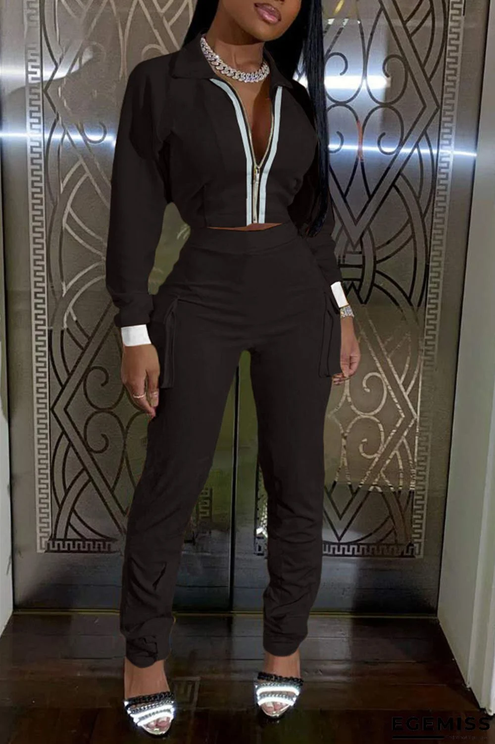 Black Fashion Casual Adult Solid Patchwork Turndown Collar Long Sleeve Regular Sleeve Regular Two Pieces | EGEMISS
