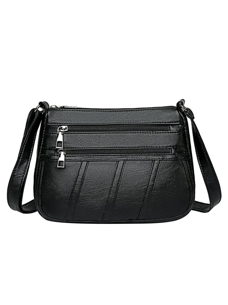 Women PU Shoulder Bag Multi-pocket Mother Solid Crossbody Handbag (Black)