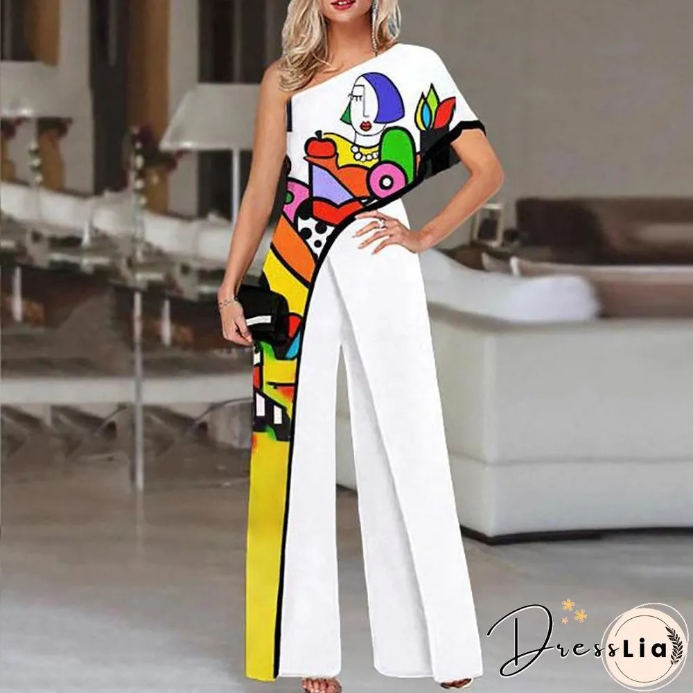 Jumpsuit Printed Diagonal Shoulder Fashion Wide Leg Pants for Women