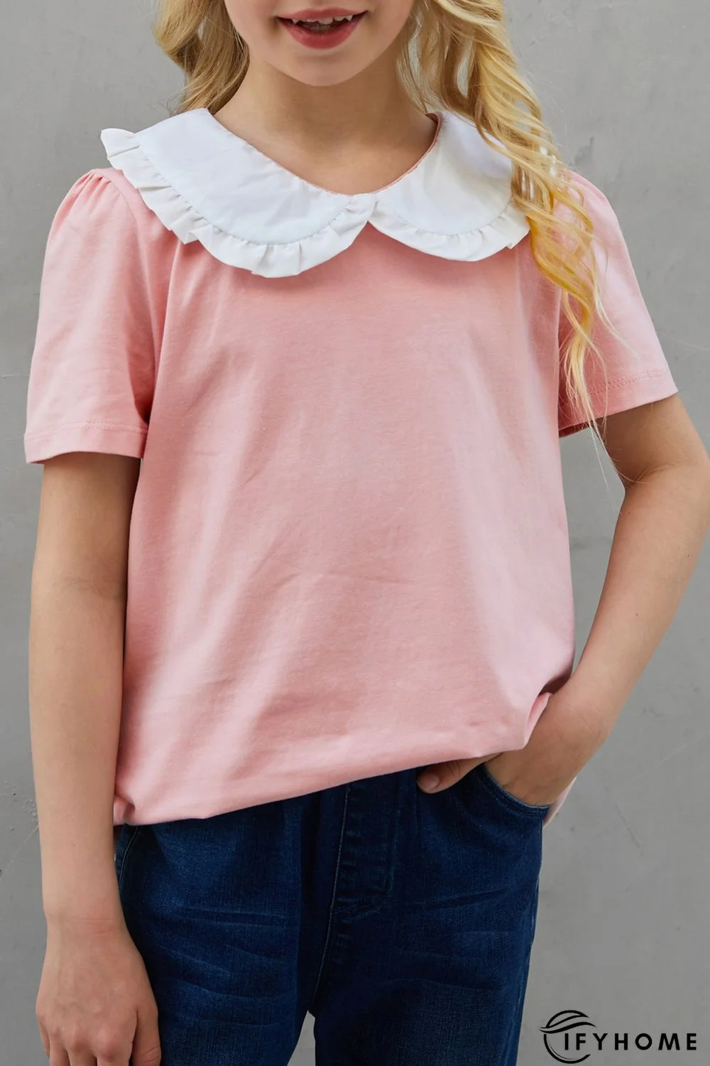 Pink Little Girl Peter Pan Collar Short Sleeve Top | IFYHOME