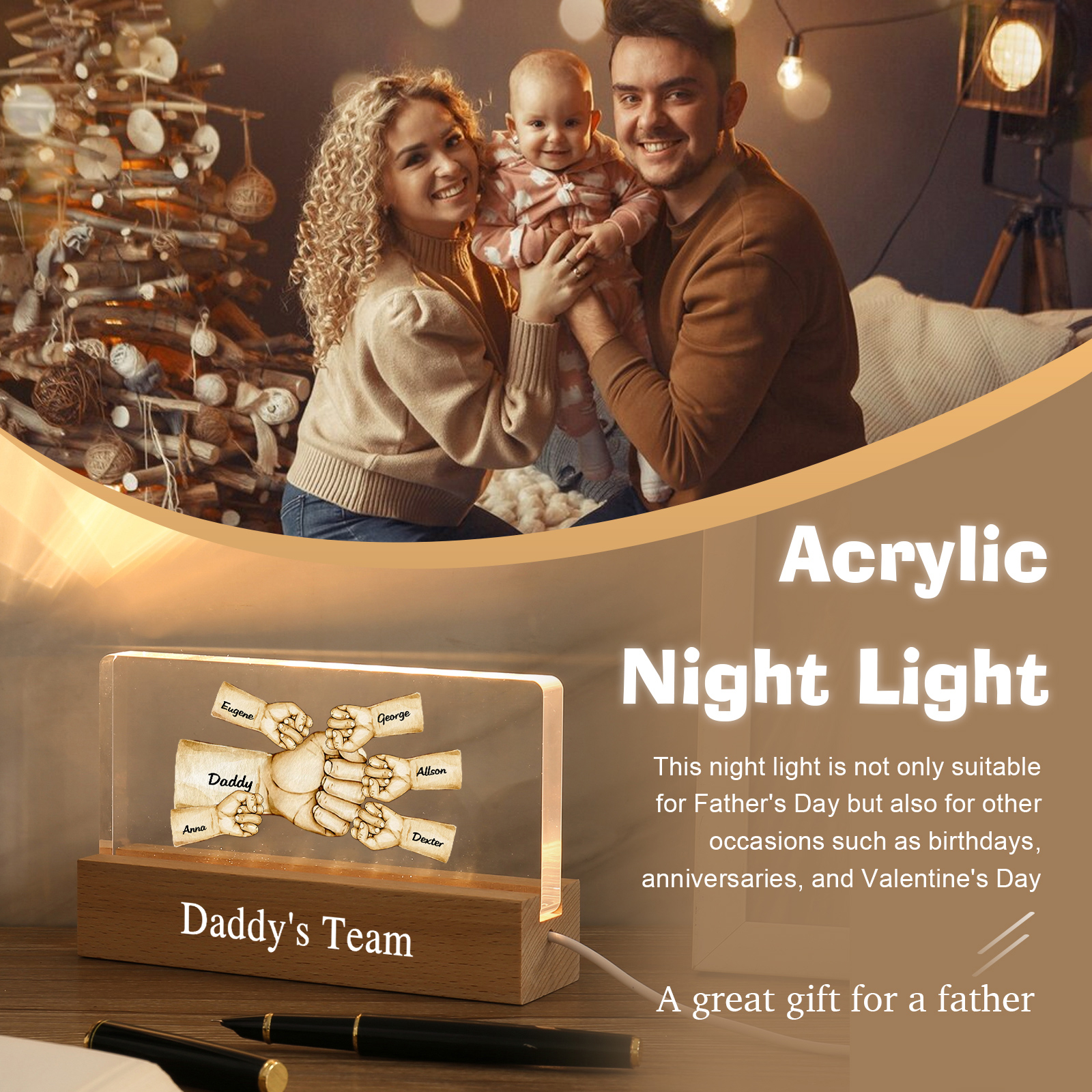 6 Names - Personalised Fist Bump Pattern Table Lamp Customized Text Father's Day Gift for Dad