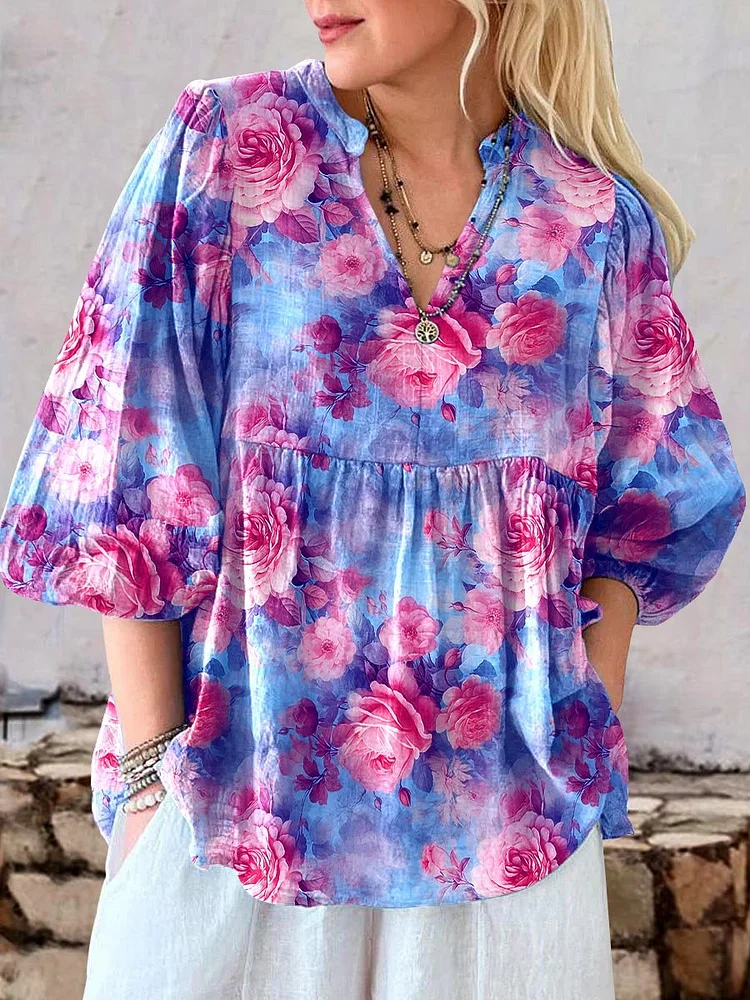 Women's Art Floral Pattern Casual Cotton Top