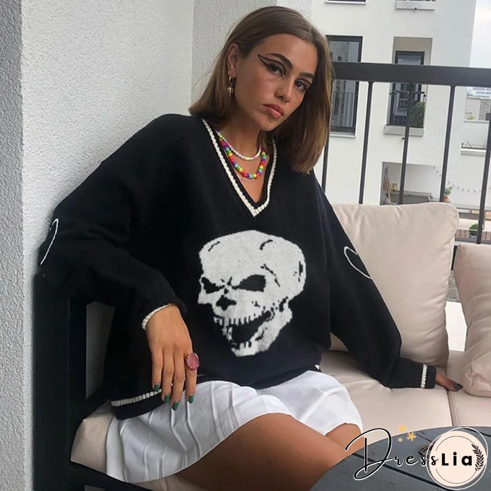 Weekeep Y2K Chic Print Streetwear Oversized Sweater Women'S Casual Autumn Winter Knitted Jumper Fashion Loose Knitwear Pullovers