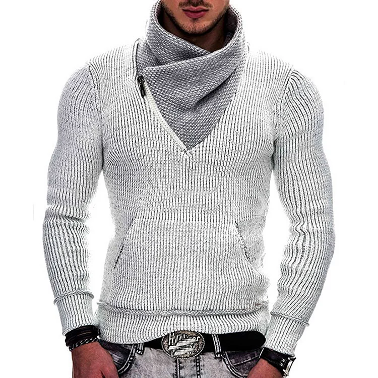 Casual Plaid Patchwork High Neck Zipper Pocket Long Sleeve Sweater