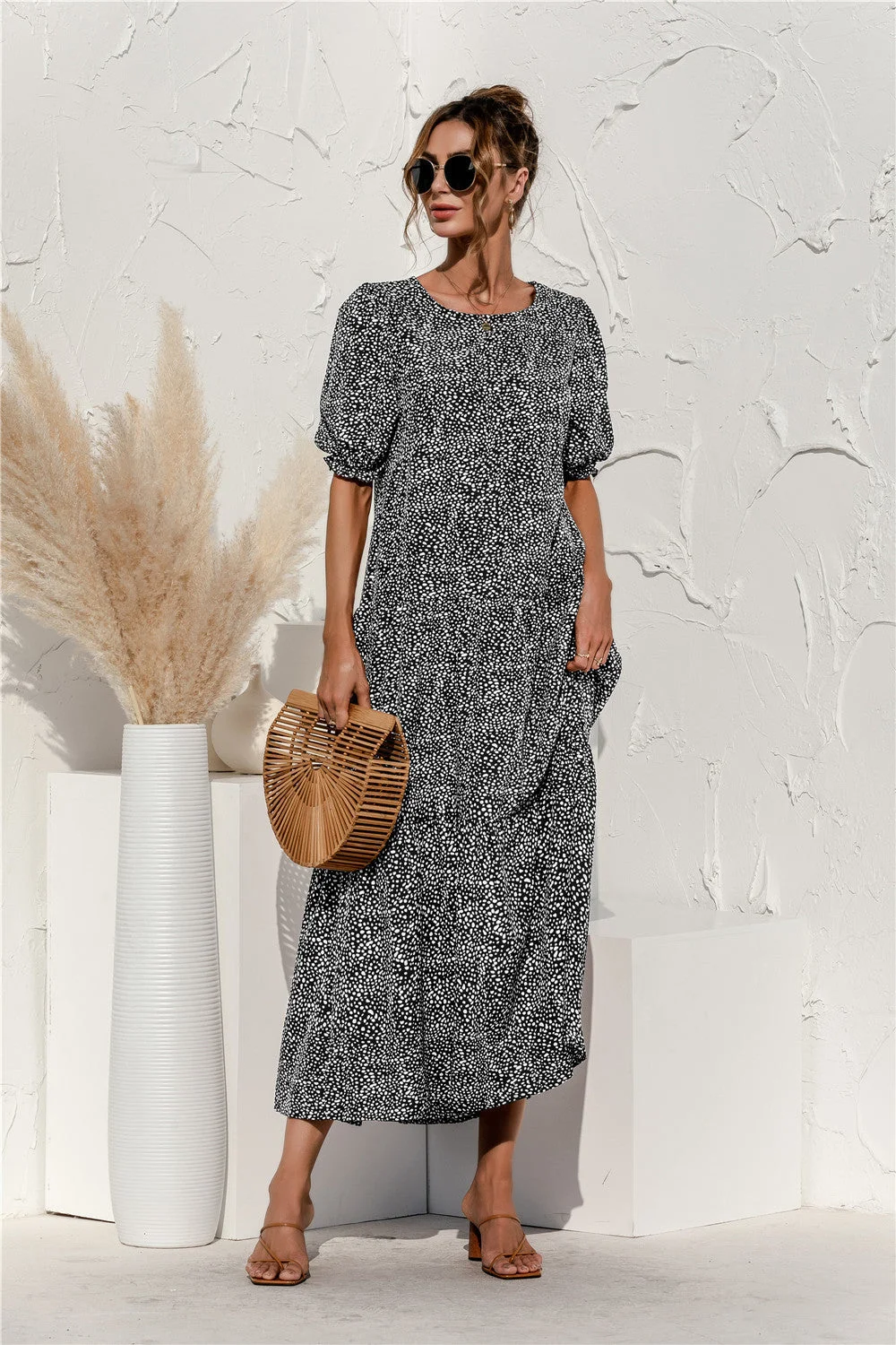 Brownm Sleeve Dot Plaid Urban Style Loose Stitching Long Dress
