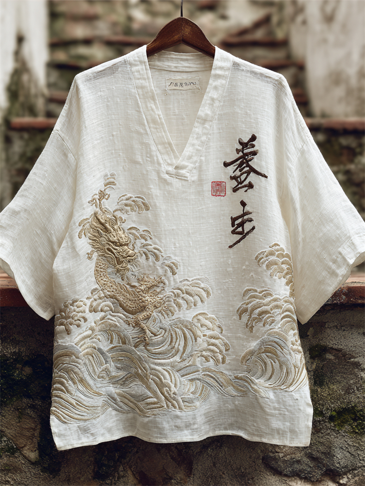 Japanese Dragon & Sea Waves Art Linen Shirt elevenforest