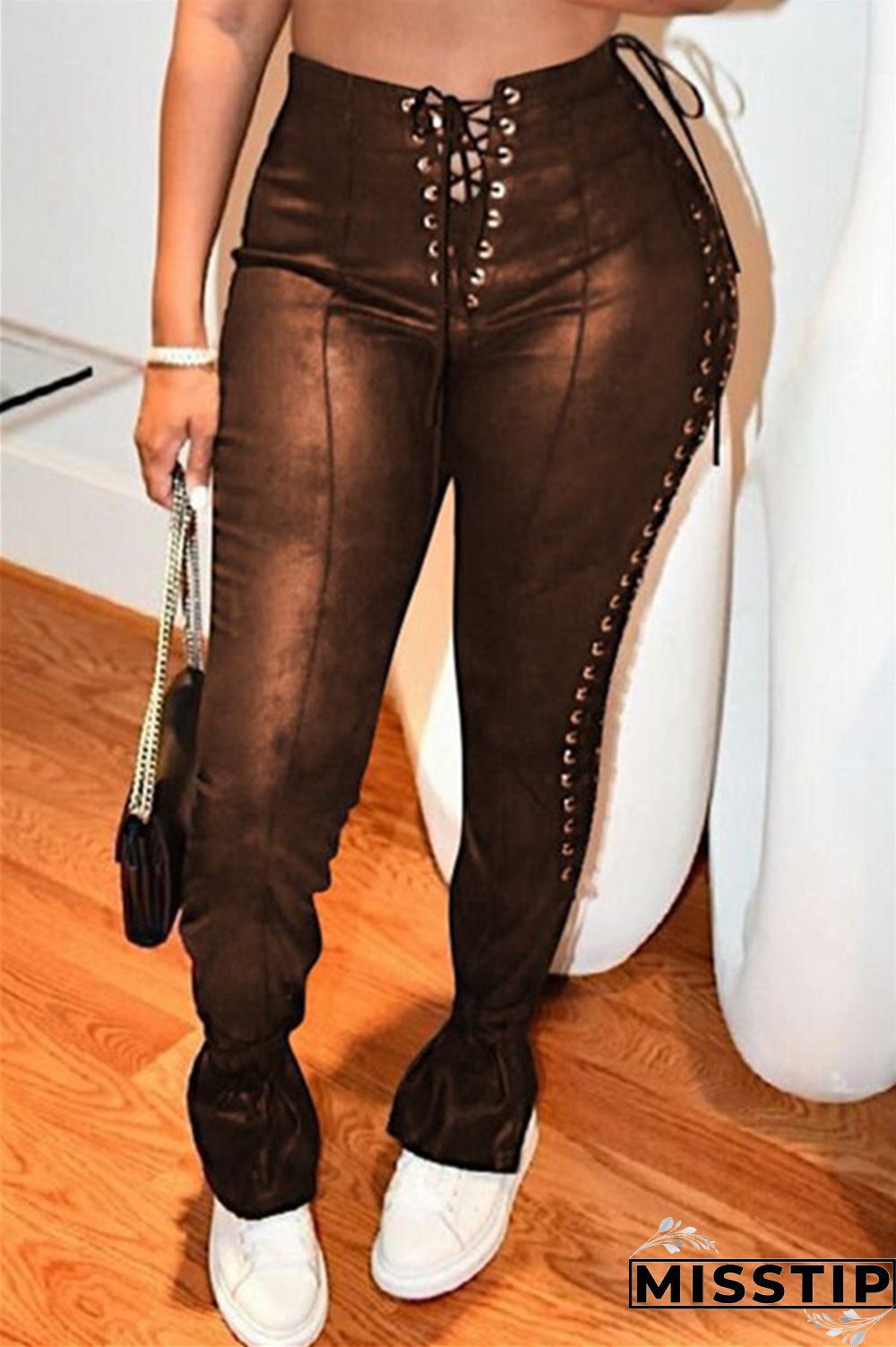 Black Fashion Casual Solid Bandage Skinny High Waist Pencil Trousers
