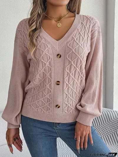 Cable-Knit V-Neck Lantern Sleeve Sweater