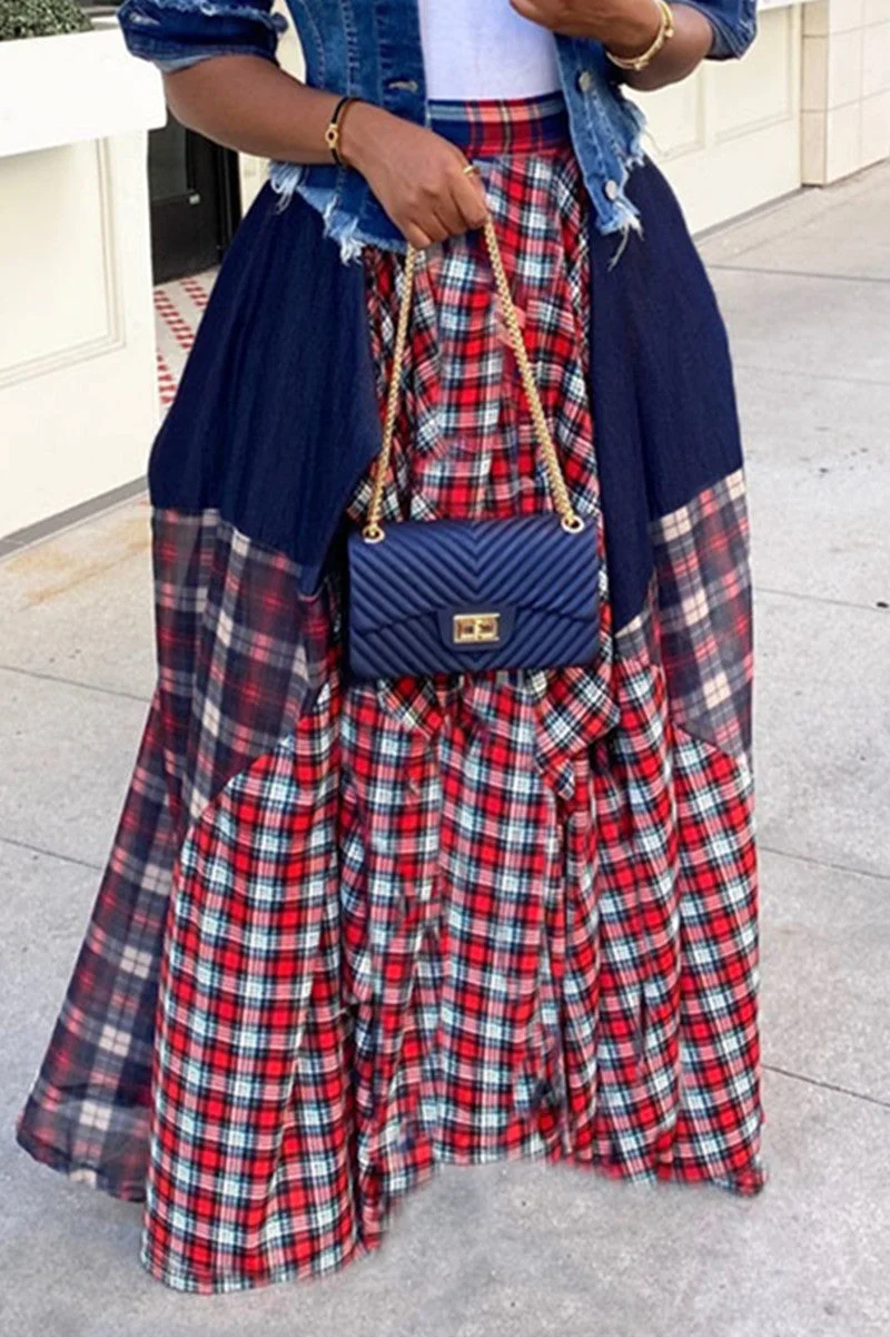 Fashion Casual Plaid Print Split Joint Regular High Waist Skirt