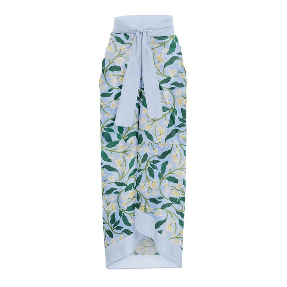 Green Leaves Print Chiffon Maxi Skirt