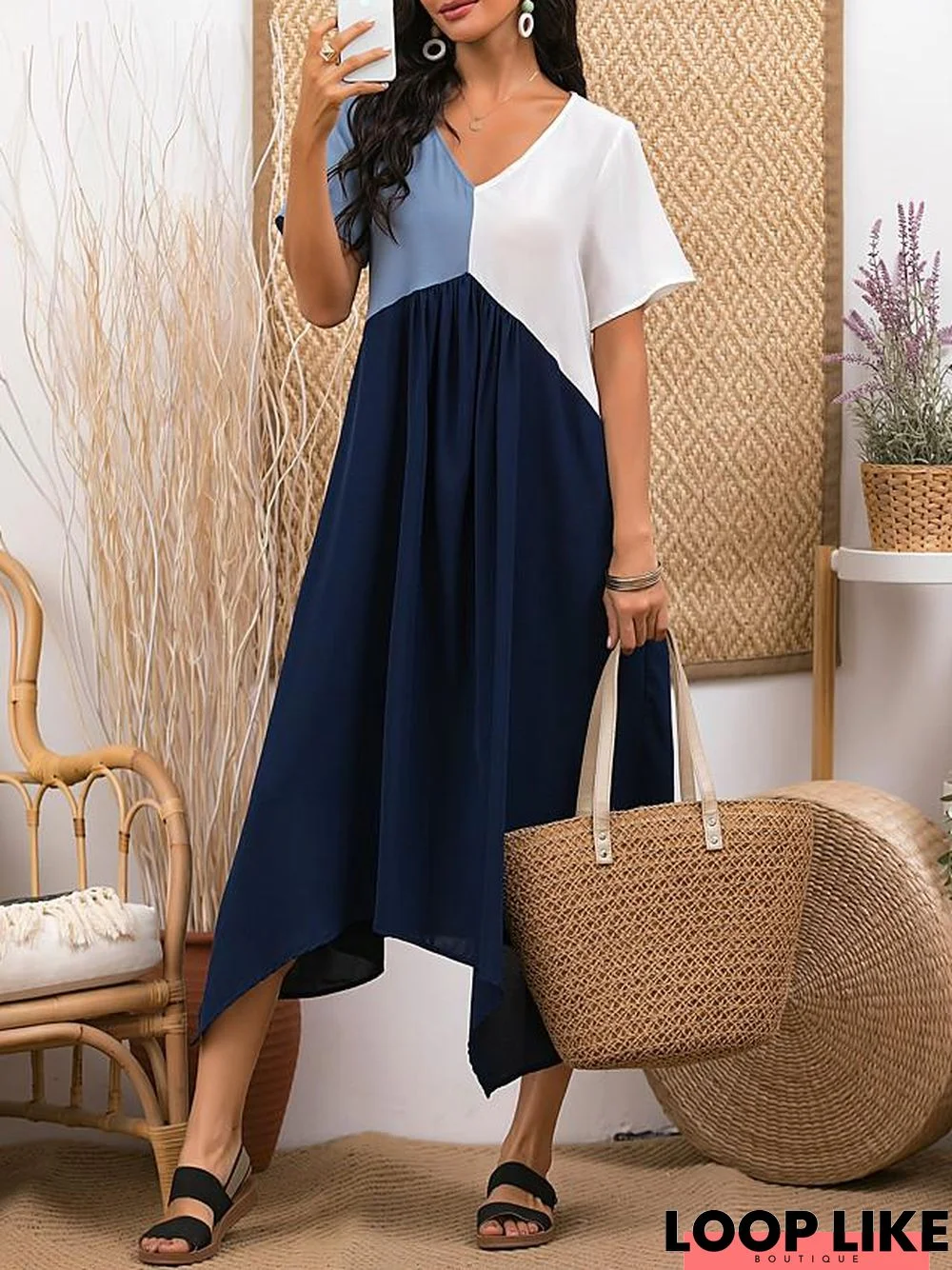 Women's A-Line Dress Midi Dress - Short Sleeve Color Block Color Block Spring & Summer V Neck Stylish Light Blue