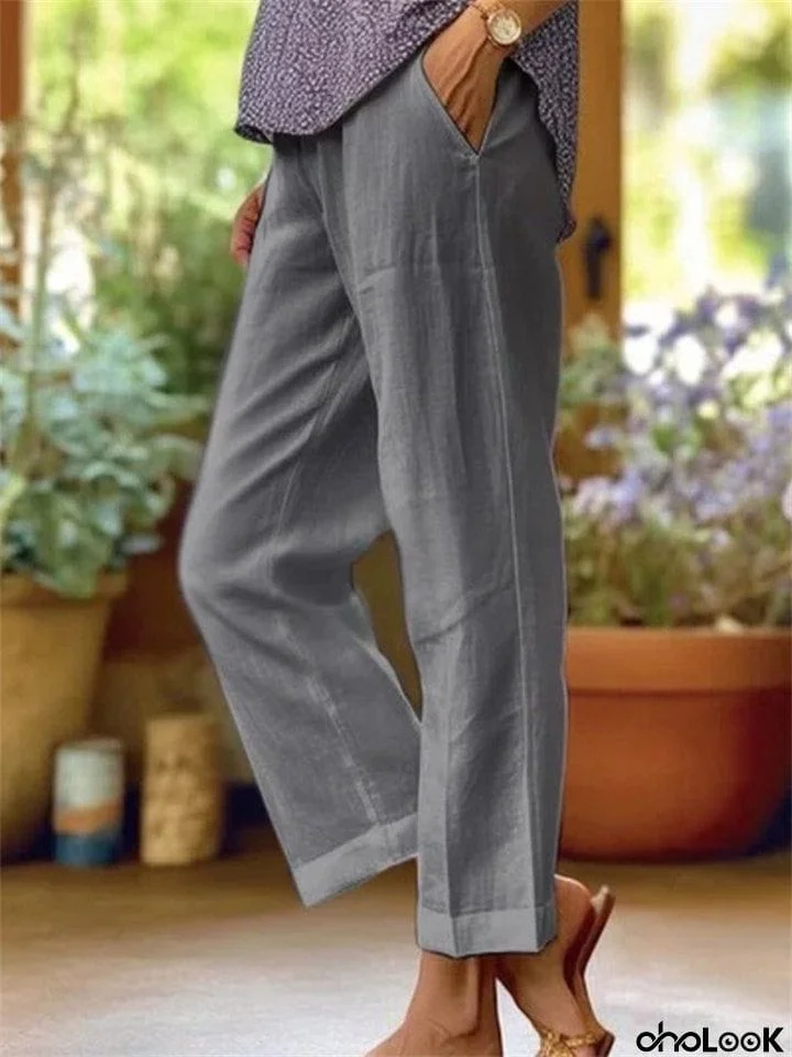 Plain Comfortable Linen Blend Summer Pants for Women