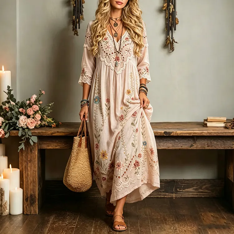 Women's Bohemian Retro Vacation V-neck Linen Dress