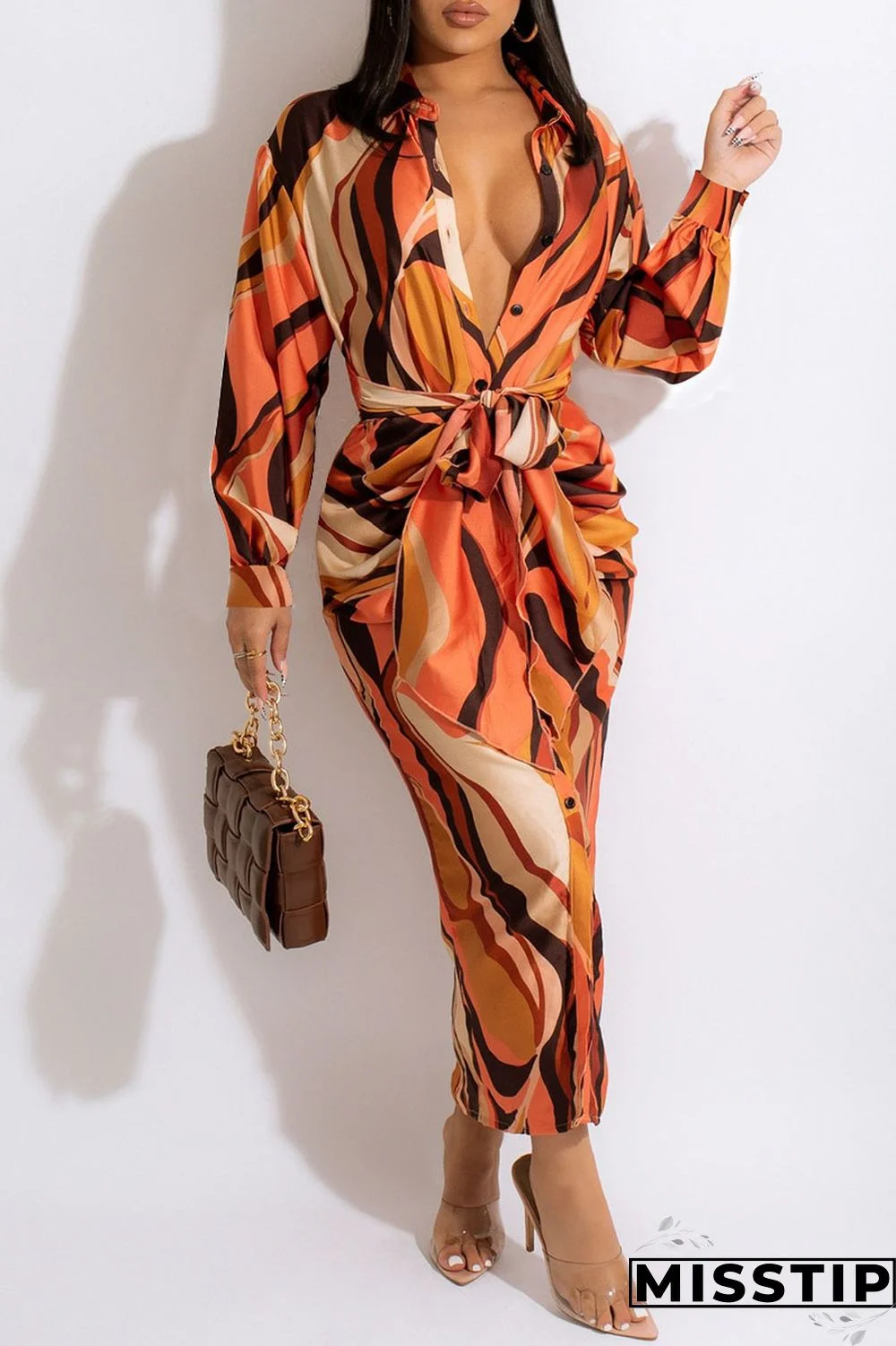 Apricot Casual Print Patchwork Buckle With Belt Turndown Collar Shirt Dress Dresses