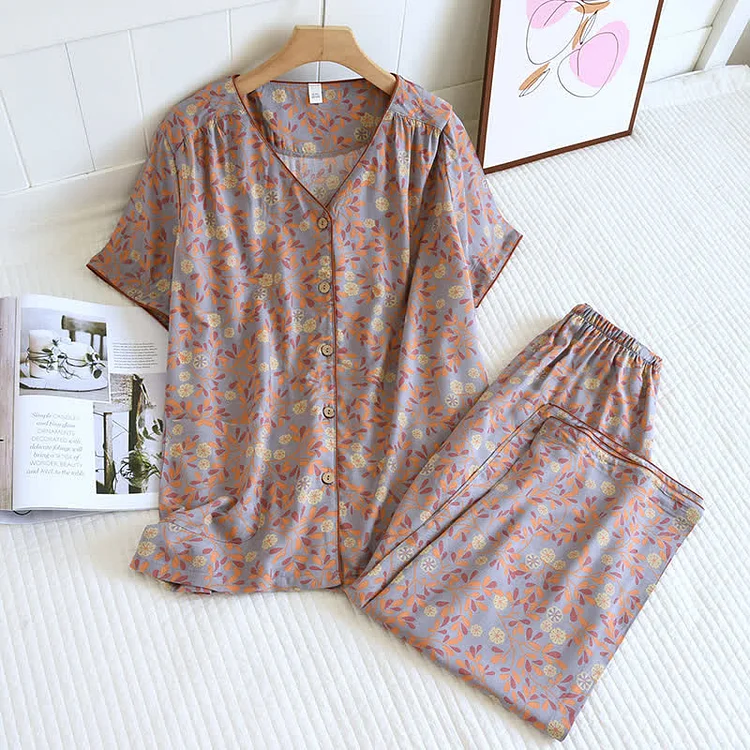Floral Print Cotton Silk Loungewear Set Radinnoo.com