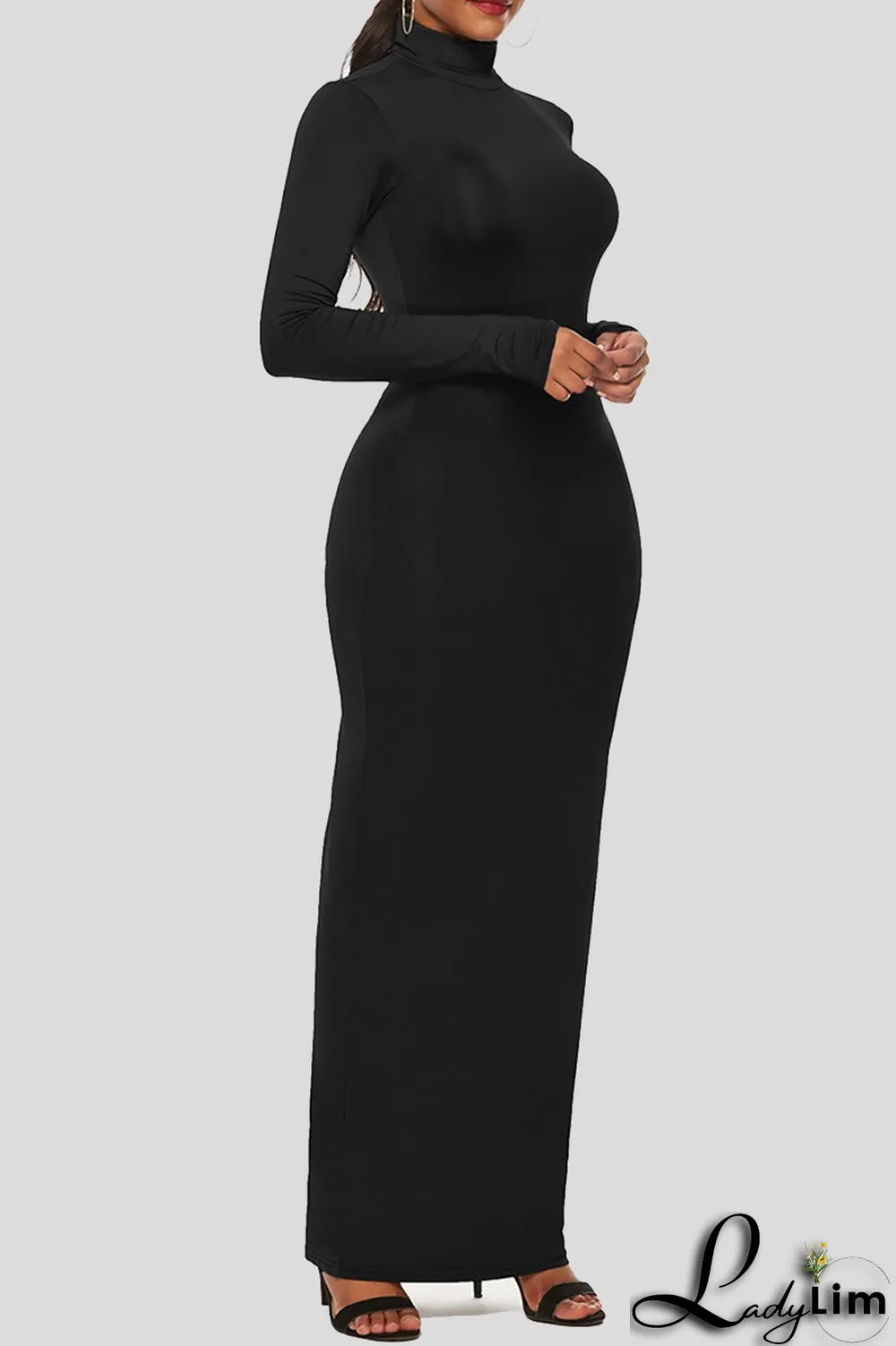 Black Fashion Casual Solid Basic Turtleneck Long Sleeve Dresses