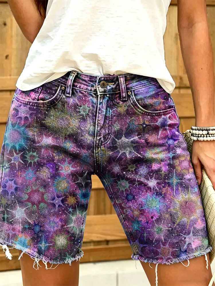 Ethnicity Geometry Stars Women's Art Print Casual Denim Shorts