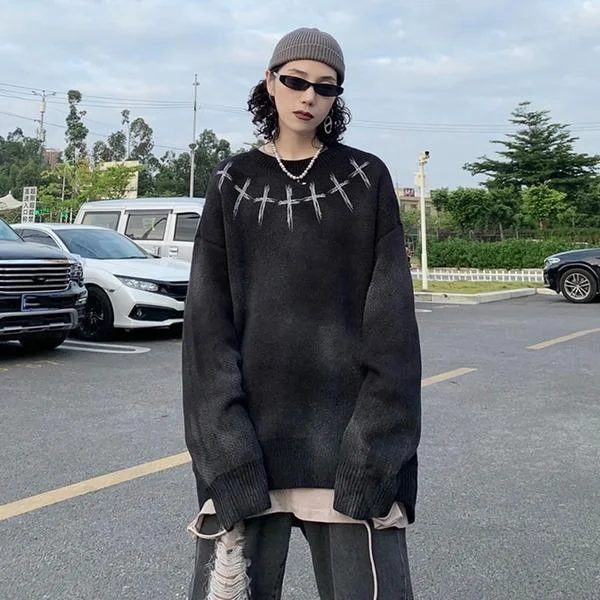 Street Loose Black O-neck Cross Print Tie-dye Long Sleeve Sweater