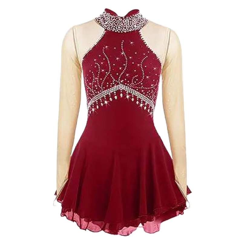 VCSHOES Ice Skating Dress Long Sleeve Girls' Spandex Mesh Latin Costume Rhinestone Performance Wear For Competition Ballet Dress