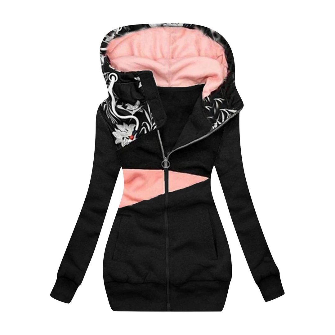 Women's Color Matching Printed Hooded Long Sleeve Coat Hoodie