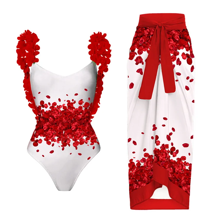 Appliques Petal Backless One Piece Swimsuit and Sarong Flaxmaker